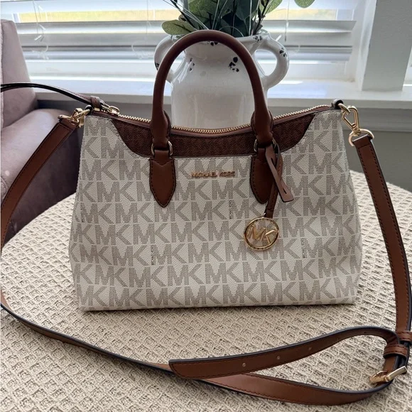 Michael Kors Cream and Brown Signature Satchel with Gold Hardware - Picture 1 of 8